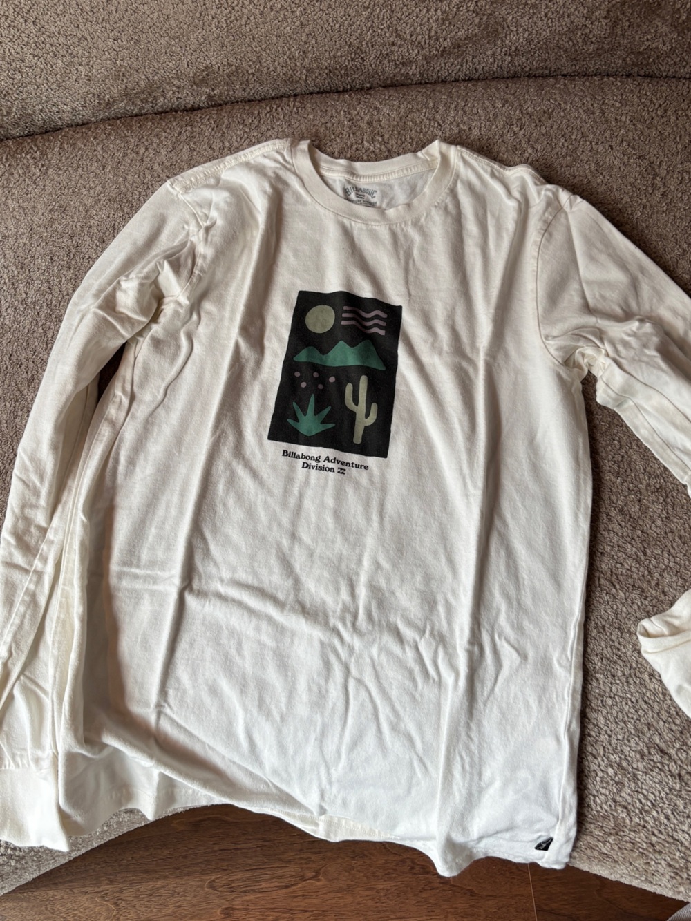 Billabong Long Sleeve Tee in Cream with Black and Green Graphic